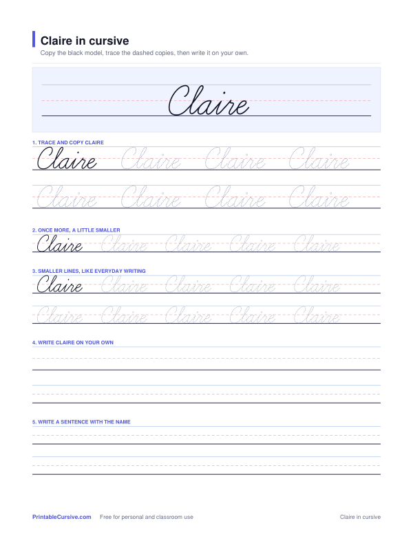 Preview of the Claire in cursive practice sheet worksheet