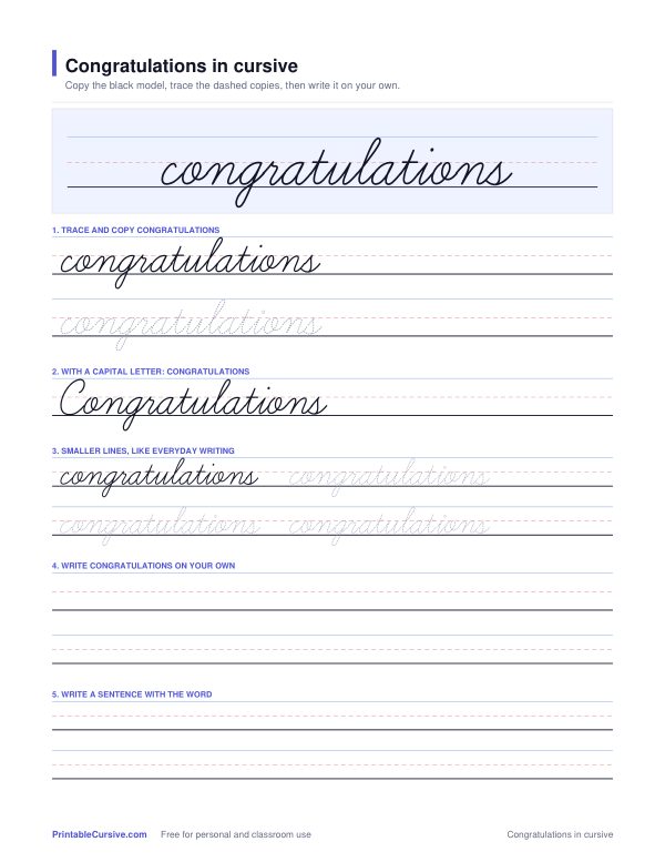 Preview of the Congratulations in cursive practice sheet worksheet