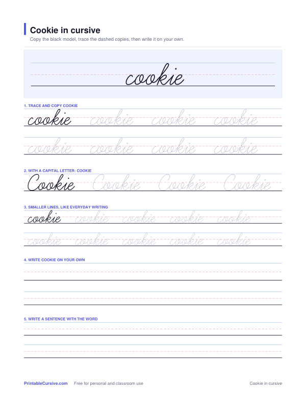 Preview of the Cookie in cursive practice sheet worksheet