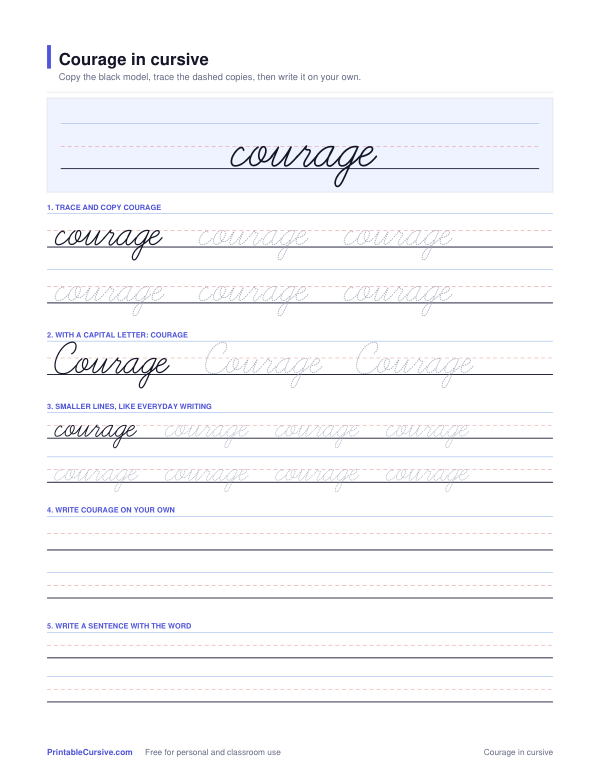 Preview of the Courage in cursive practice sheet worksheet