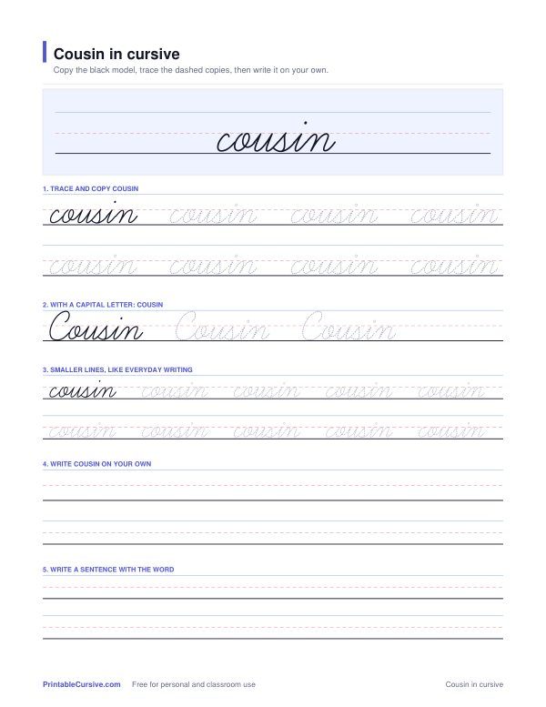 Preview of the Cousin in cursive practice sheet worksheet