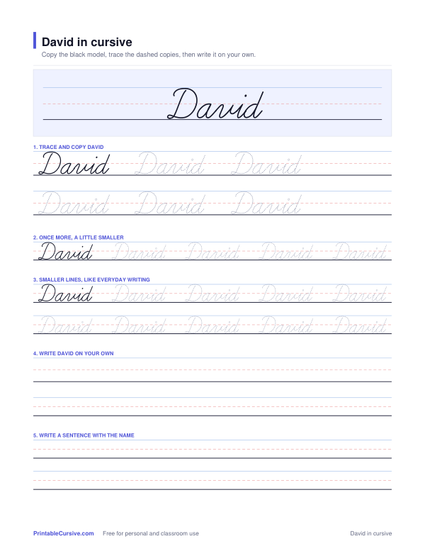 Preview of the David in cursive practice sheet worksheet