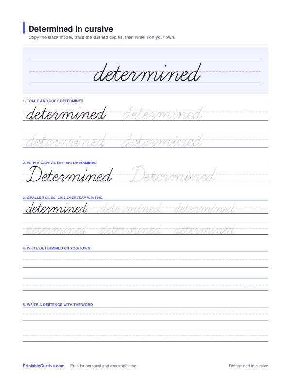 Preview of the Determined in cursive practice sheet worksheet