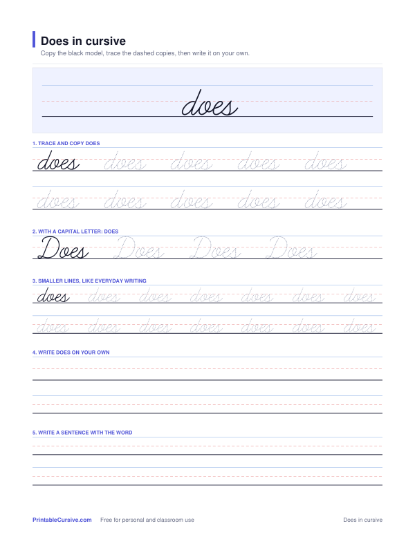 Preview of the Does in cursive practice sheet worksheet