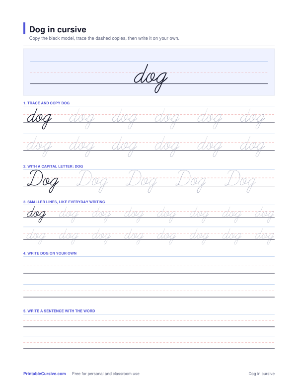 Preview of the Dog in cursive practice sheet worksheet