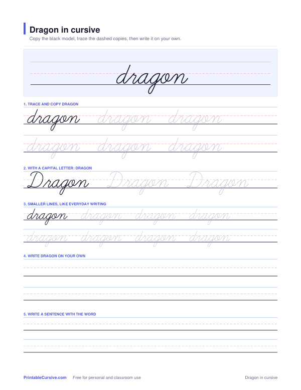 Preview of the Dragon in cursive practice sheet worksheet