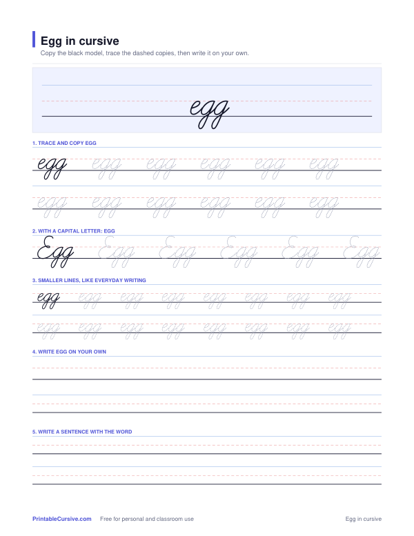 Preview of the Egg in cursive practice sheet worksheet