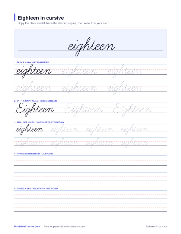 Preview of the Eighteen in cursive practice sheet worksheet