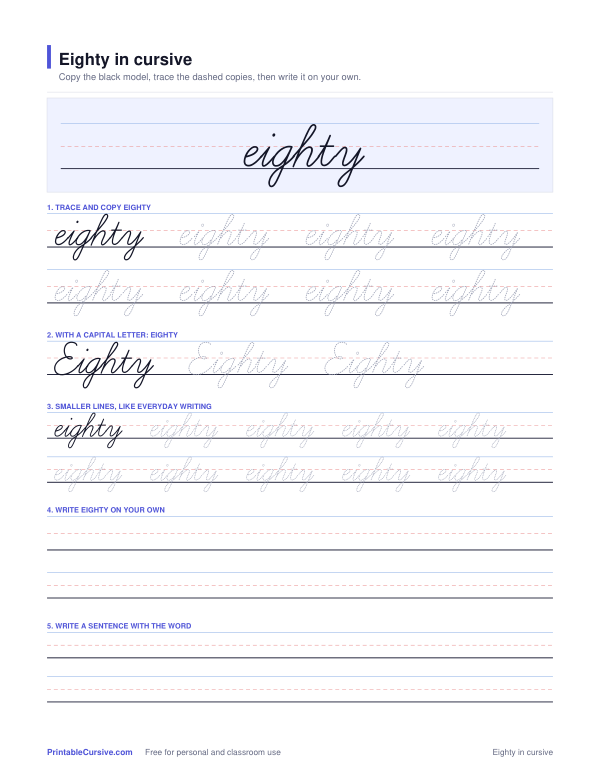 Preview of the Eighty in cursive practice sheet worksheet
