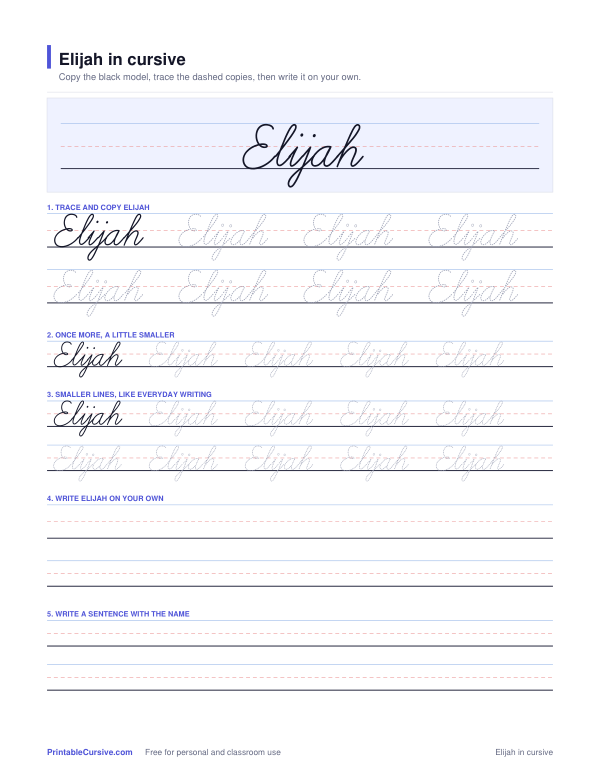 Preview of the Elijah in cursive practice sheet worksheet