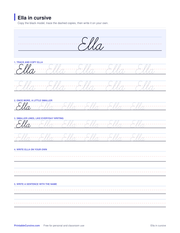Preview of the Ella in cursive practice sheet worksheet