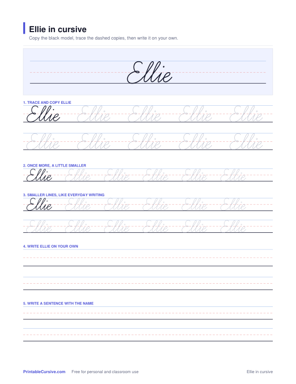Preview of the Ellie in cursive practice sheet worksheet