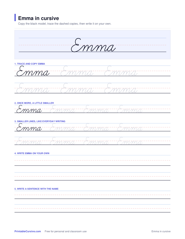 Preview of the Emma in cursive practice sheet worksheet