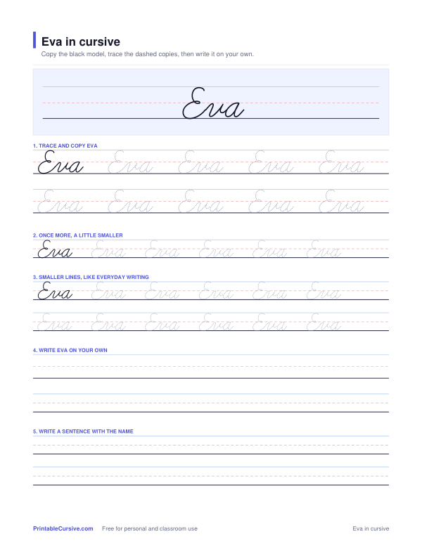 Preview of the Eva in cursive practice sheet worksheet