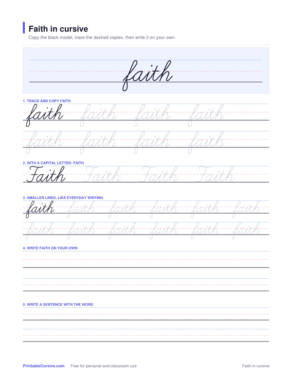 Preview of the Faith in cursive practice sheet worksheet