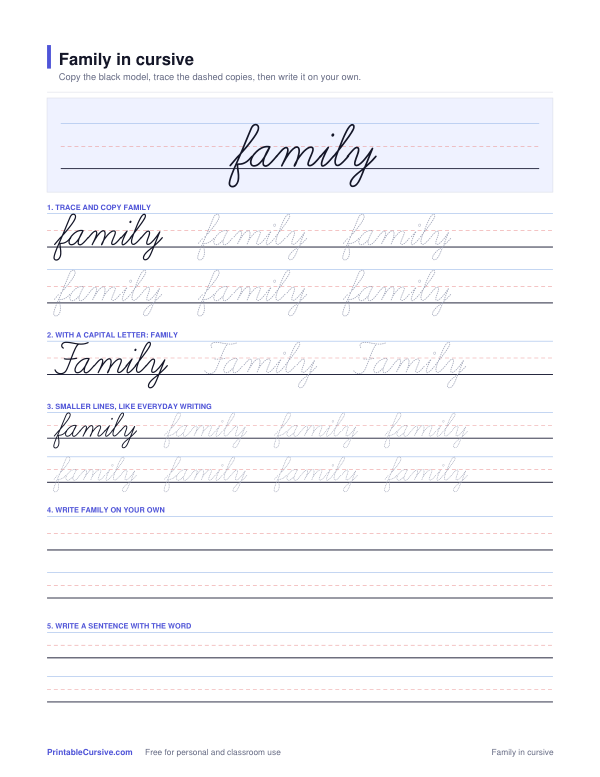 Preview of the Family in cursive practice sheet worksheet