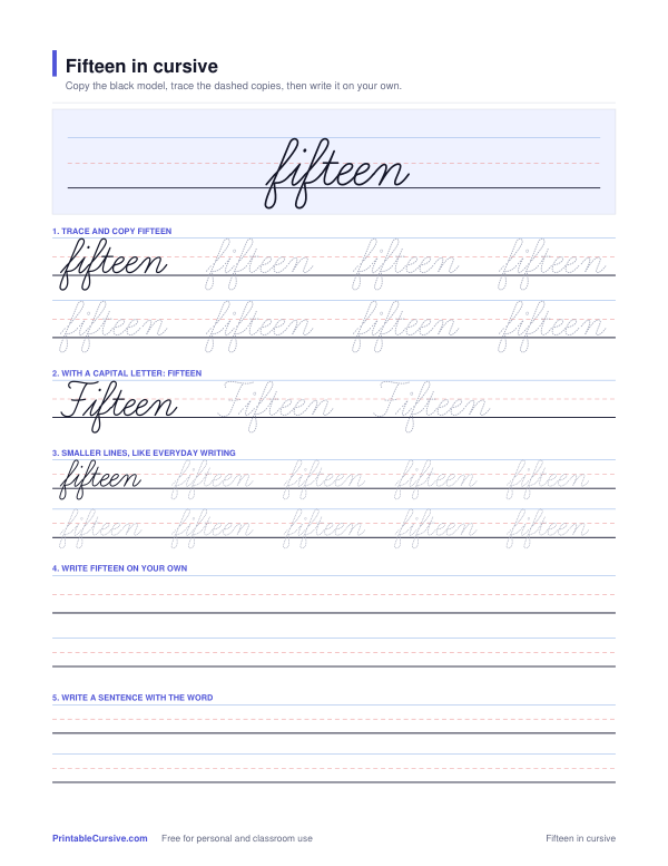 Preview of the Fifteen in cursive practice sheet worksheet