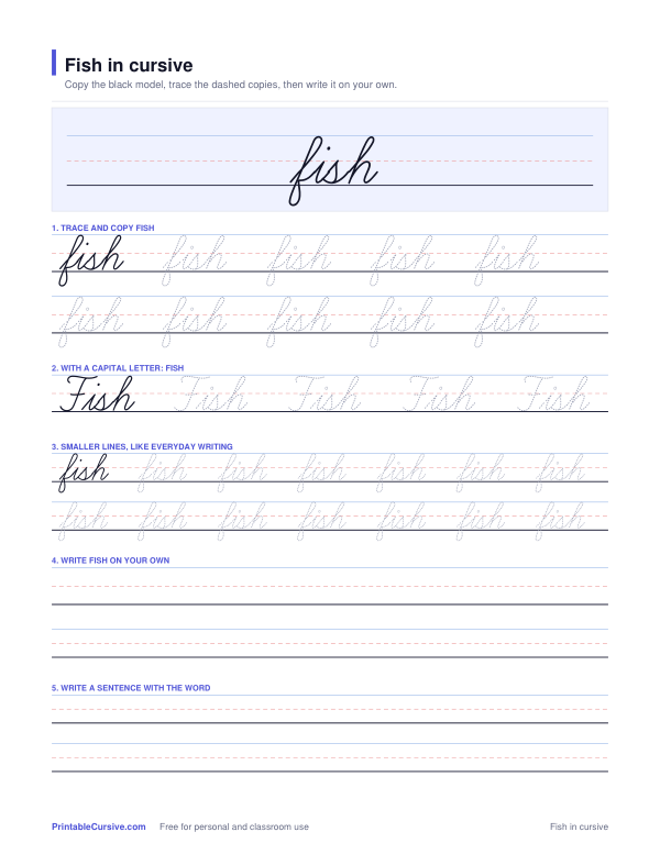 Preview of the Fish in cursive practice sheet worksheet