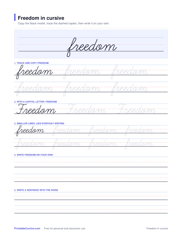 Preview of the Freedom in cursive practice sheet worksheet