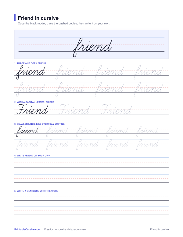 Preview of the Friend in cursive practice sheet worksheet
