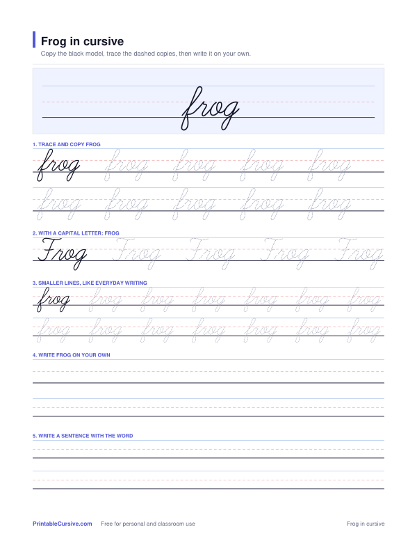 Preview of the Frog in cursive practice sheet worksheet