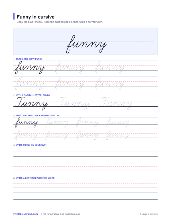 Preview of the Funny in cursive practice sheet worksheet