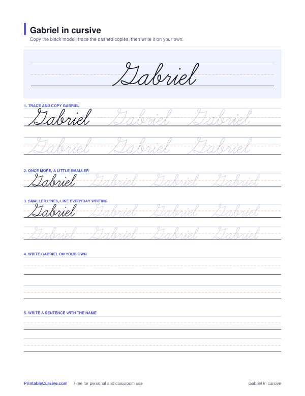 Preview of the Gabriel in cursive practice sheet worksheet