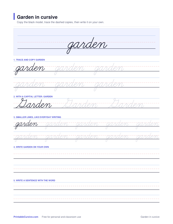 Preview of the Garden in cursive practice sheet worksheet