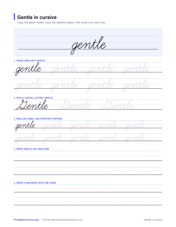 Preview of the Gentle in cursive practice sheet worksheet