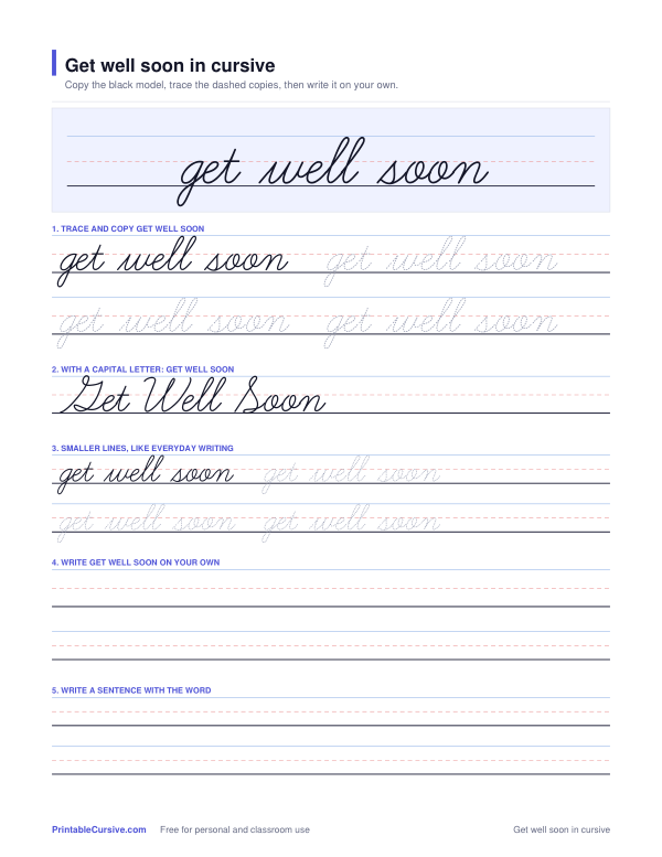 Preview of the Get well soon in cursive practice sheet worksheet