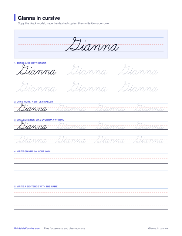 Preview of the Gianna in cursive practice sheet worksheet