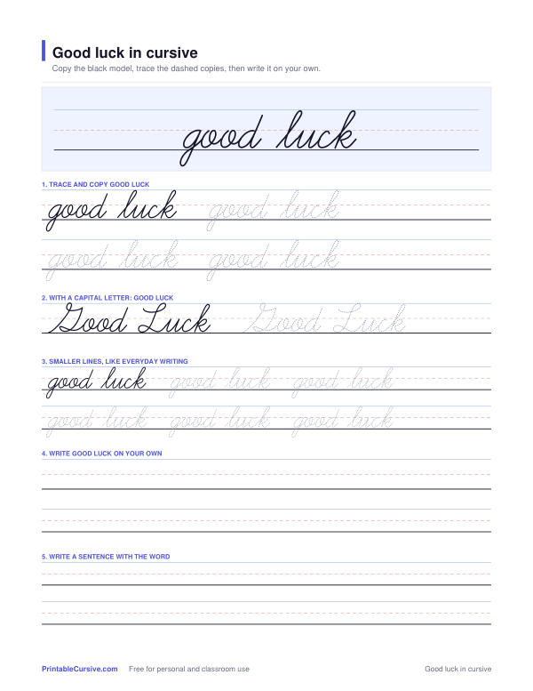 Preview of the Good luck in cursive practice sheet worksheet