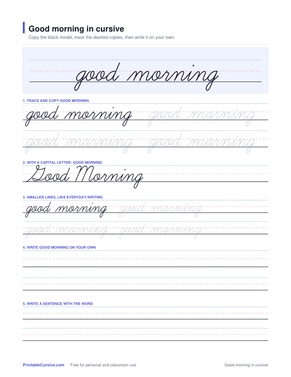 Preview of the Good morning in cursive practice sheet worksheet