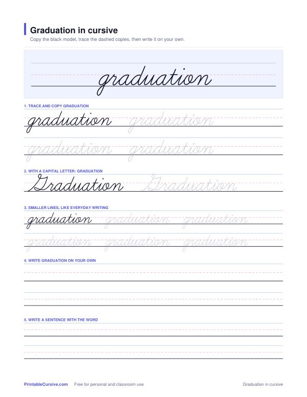 Preview of the Graduation in cursive practice sheet worksheet