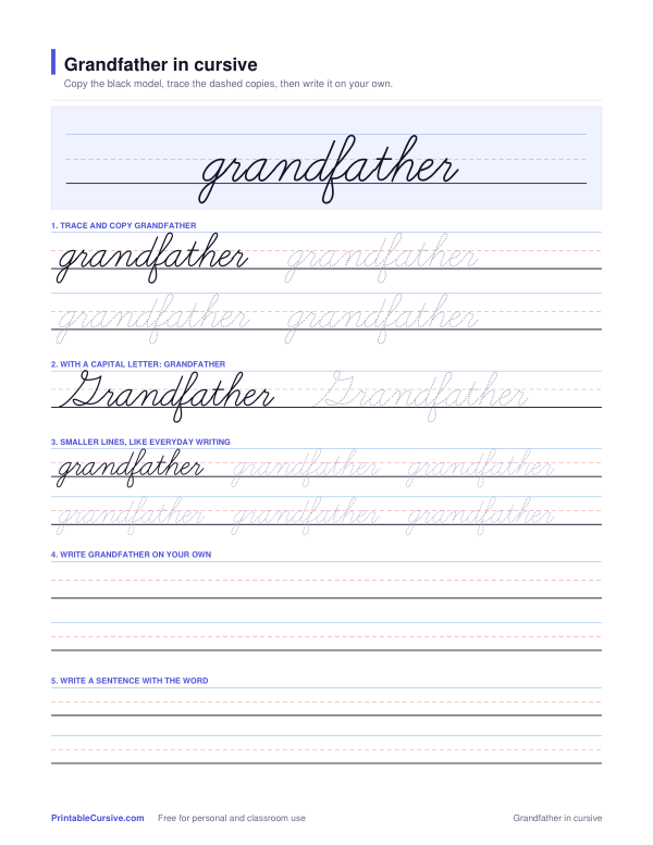Preview of the Grandfather in cursive practice sheet worksheet