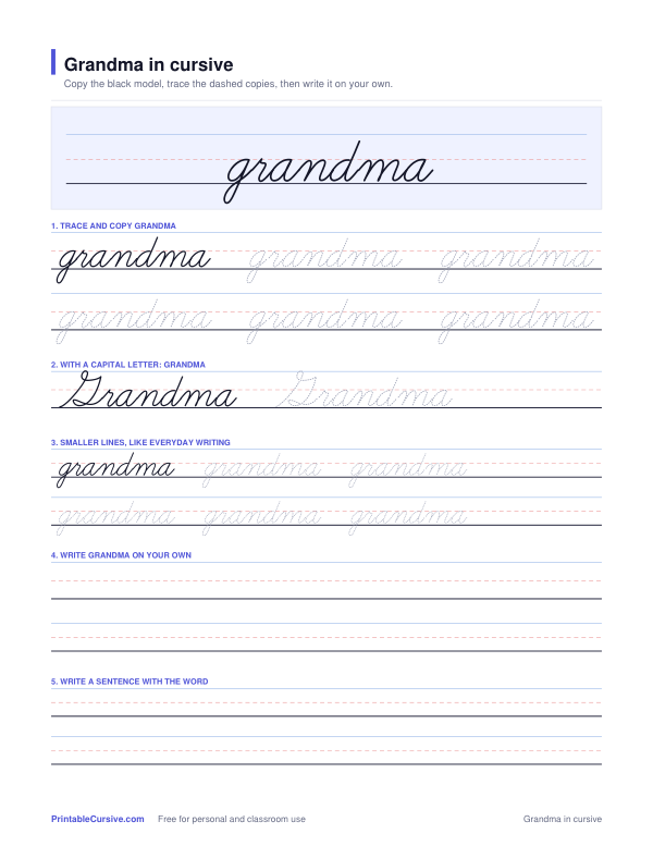 Preview of the Grandma in cursive practice sheet worksheet