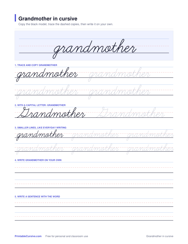 Preview of the Grandmother in cursive practice sheet worksheet