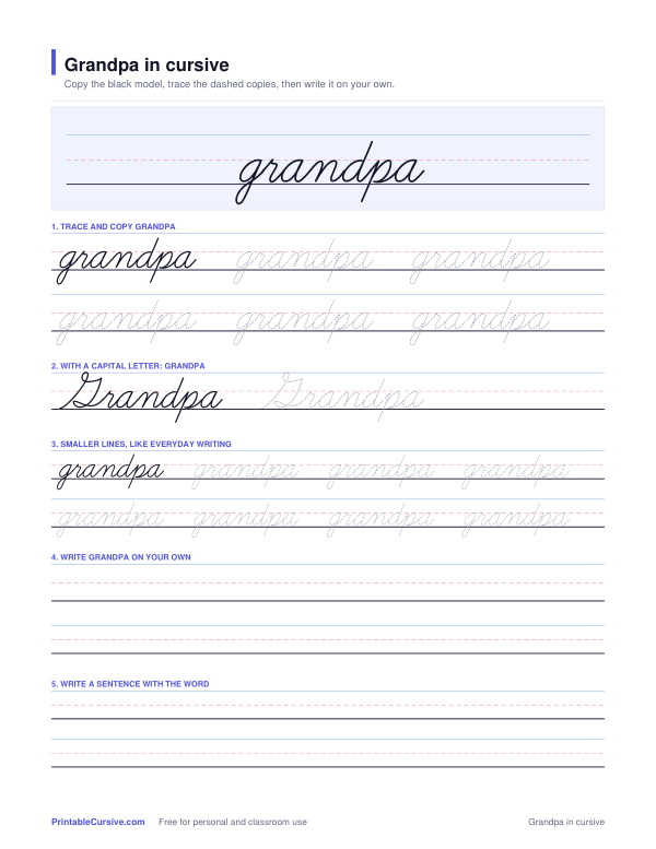 Preview of the Grandpa in cursive practice sheet worksheet