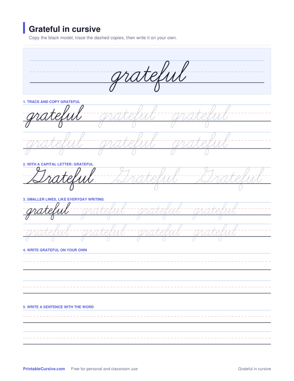 Preview of the Grateful in cursive practice sheet worksheet