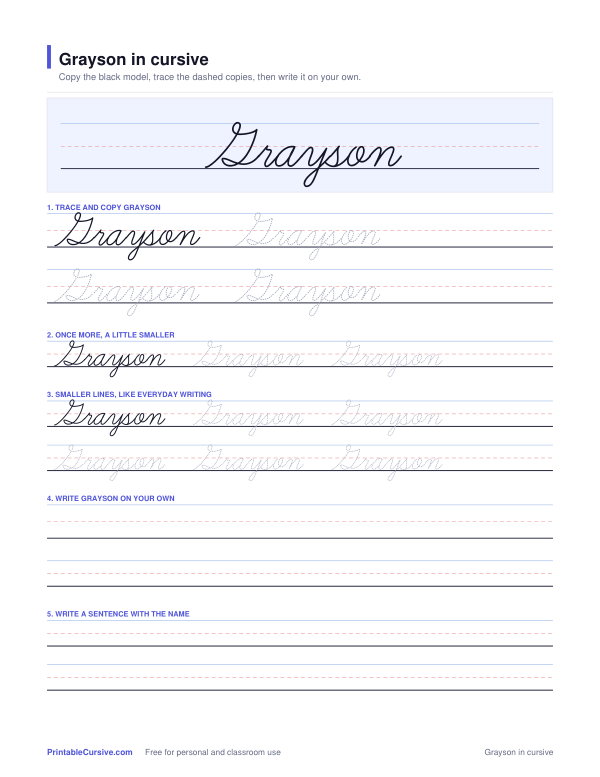 Preview of the Grayson in cursive practice sheet worksheet