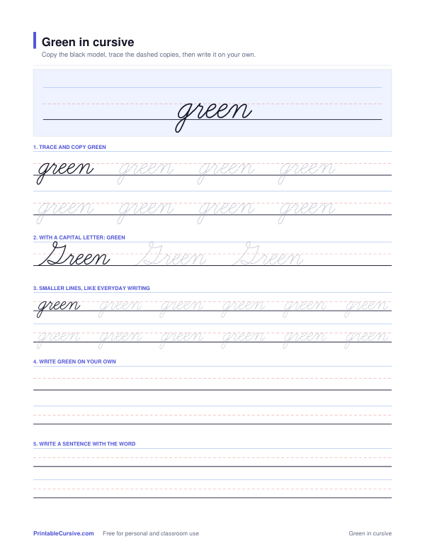 Preview of the Green in cursive practice sheet worksheet