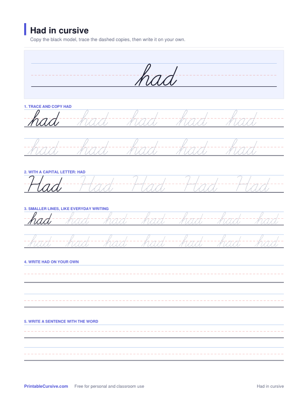 Preview of the Had in cursive practice sheet worksheet