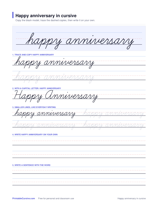 Preview of the Happy anniversary in cursive practice sheet worksheet