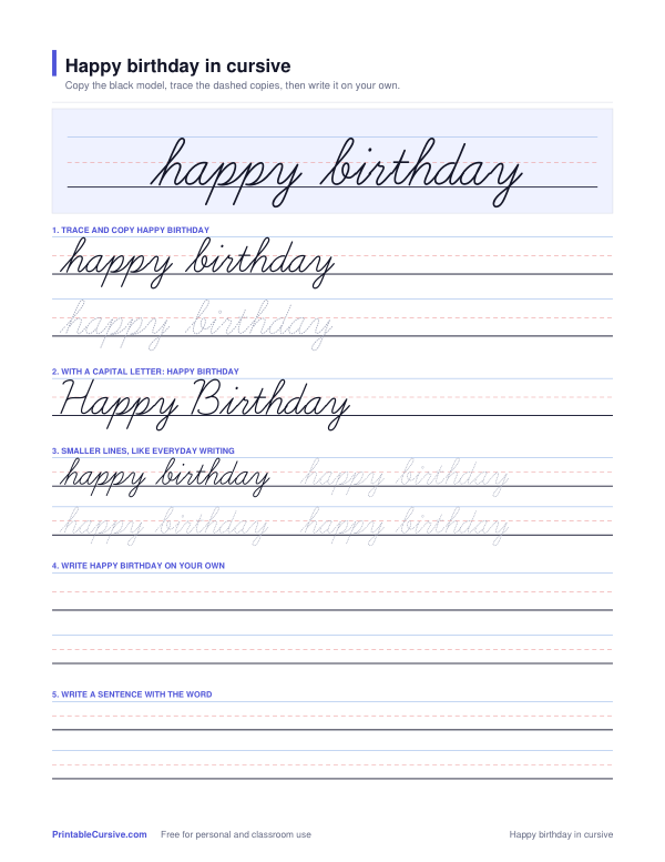 Preview of the Happy birthday in cursive practice sheet worksheet