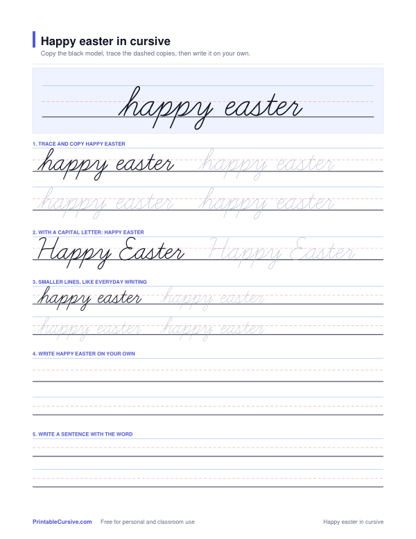Preview of the Happy easter in cursive practice sheet worksheet