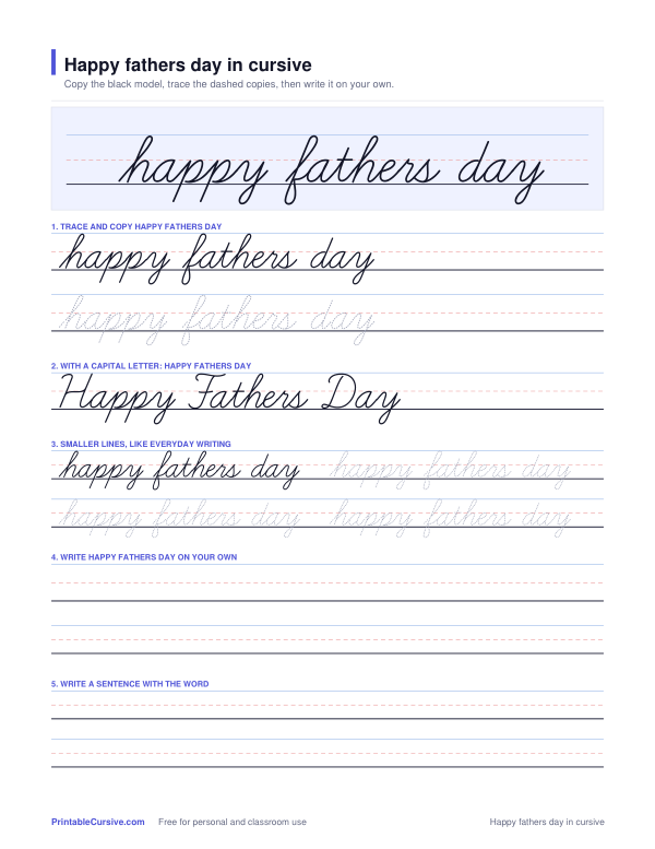 Preview of the Happy fathers day in cursive practice sheet worksheet