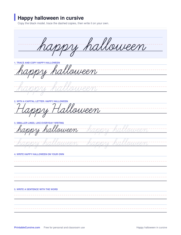 Preview of the Happy halloween in cursive practice sheet worksheet