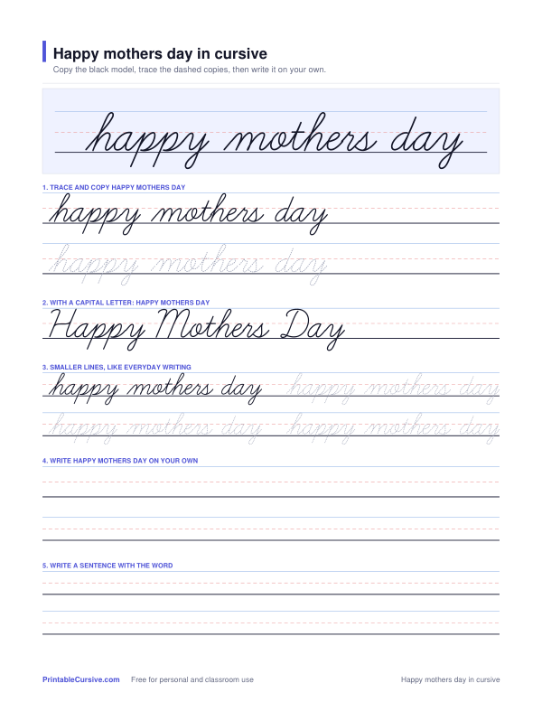 Preview of the Happy mothers day in cursive practice sheet worksheet
