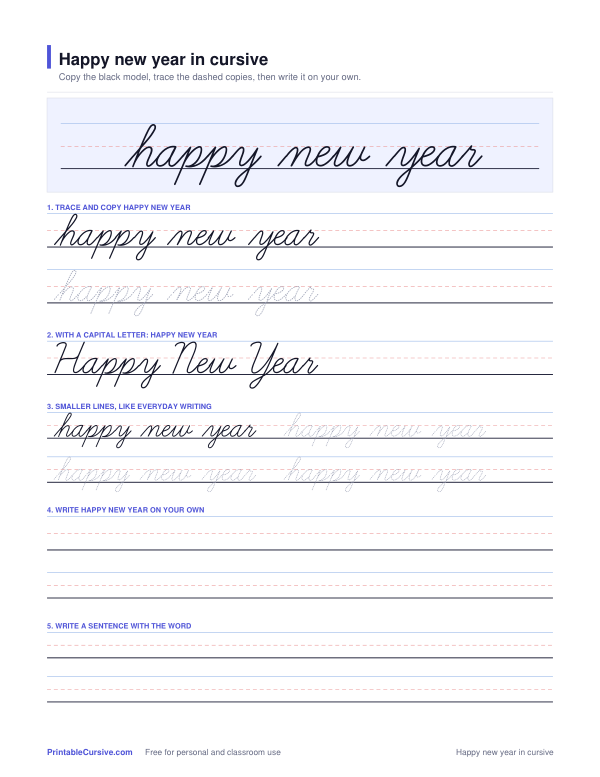 Preview of the Happy new year in cursive practice sheet worksheet