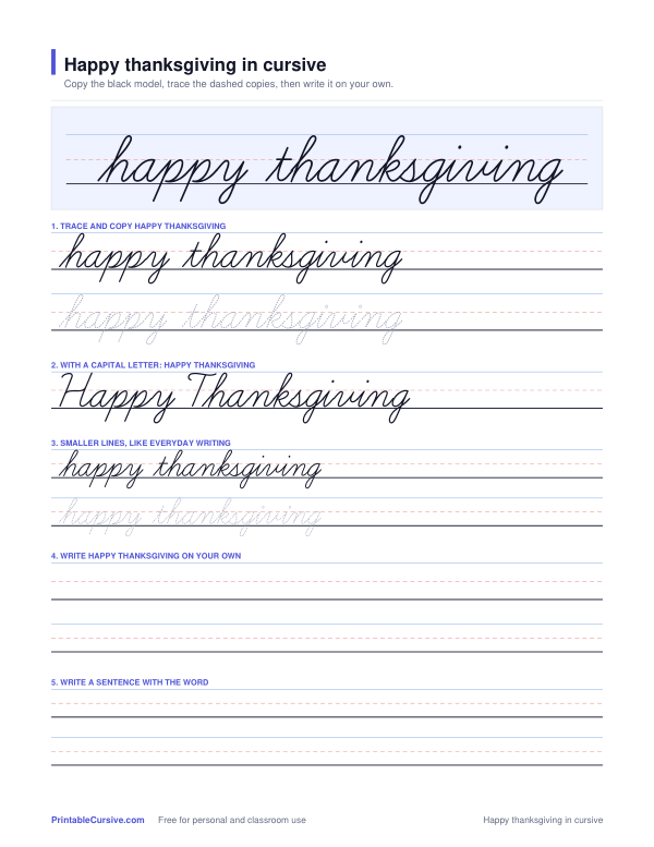 Preview of the Happy thanksgiving in cursive practice sheet worksheet